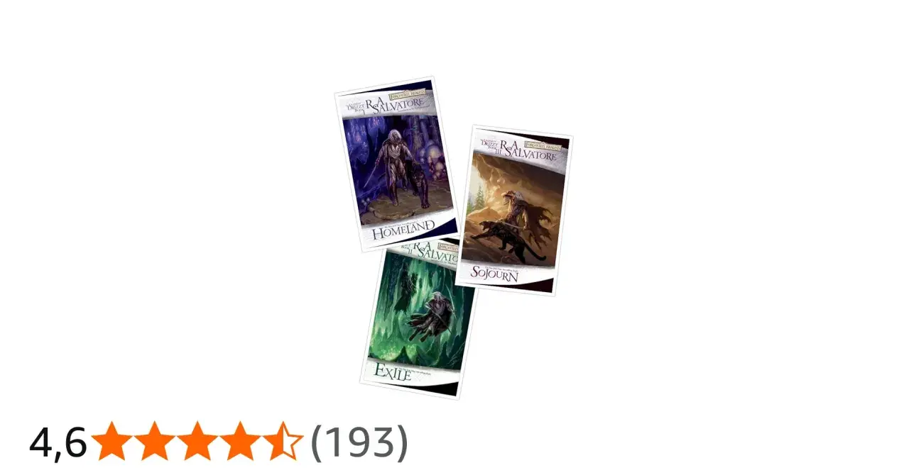 Okładki książek z serii Drizzt Do'Urden: "Homeland", "Sojourn" i "Exile".