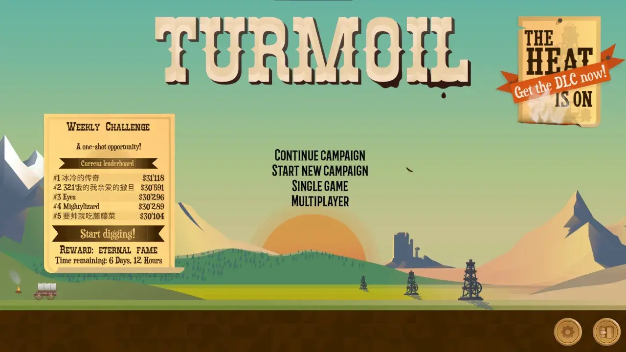 Tytuł gry TURMOIL, menu z opcjami kampanii, gry jednoosobowej i wieloosobowej. Po lewej tygodniowe wyzwanie z rankingiem.