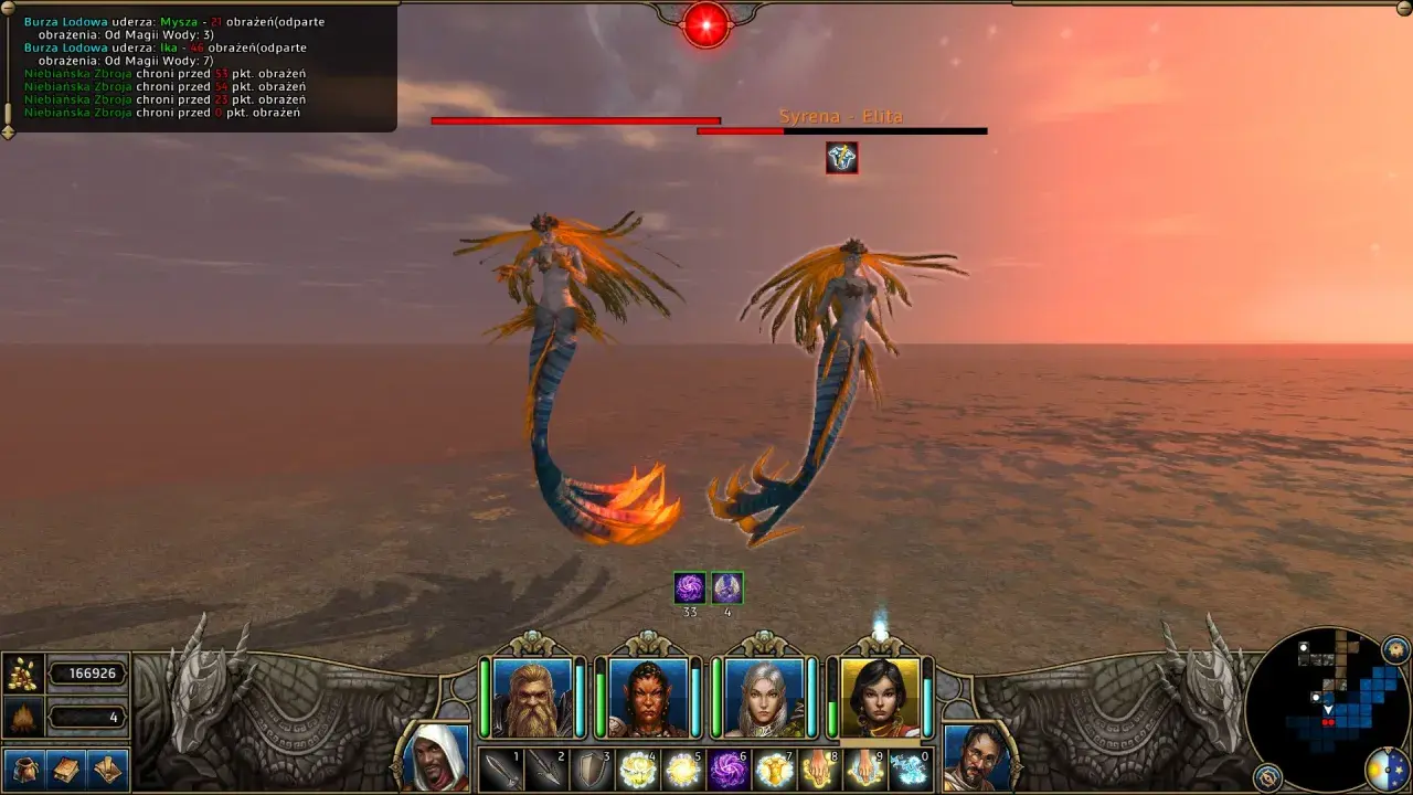 Dwie syreny w grze Might and Magic IX na tle zachodzącego słońca. W tle widać interfejs gry.