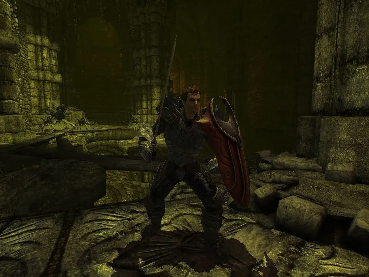 Rycerz w zbroi, gotowy do walki, z mieczem i tarczą. Scena z gry Divinity II: The Dragon Knight Saga.