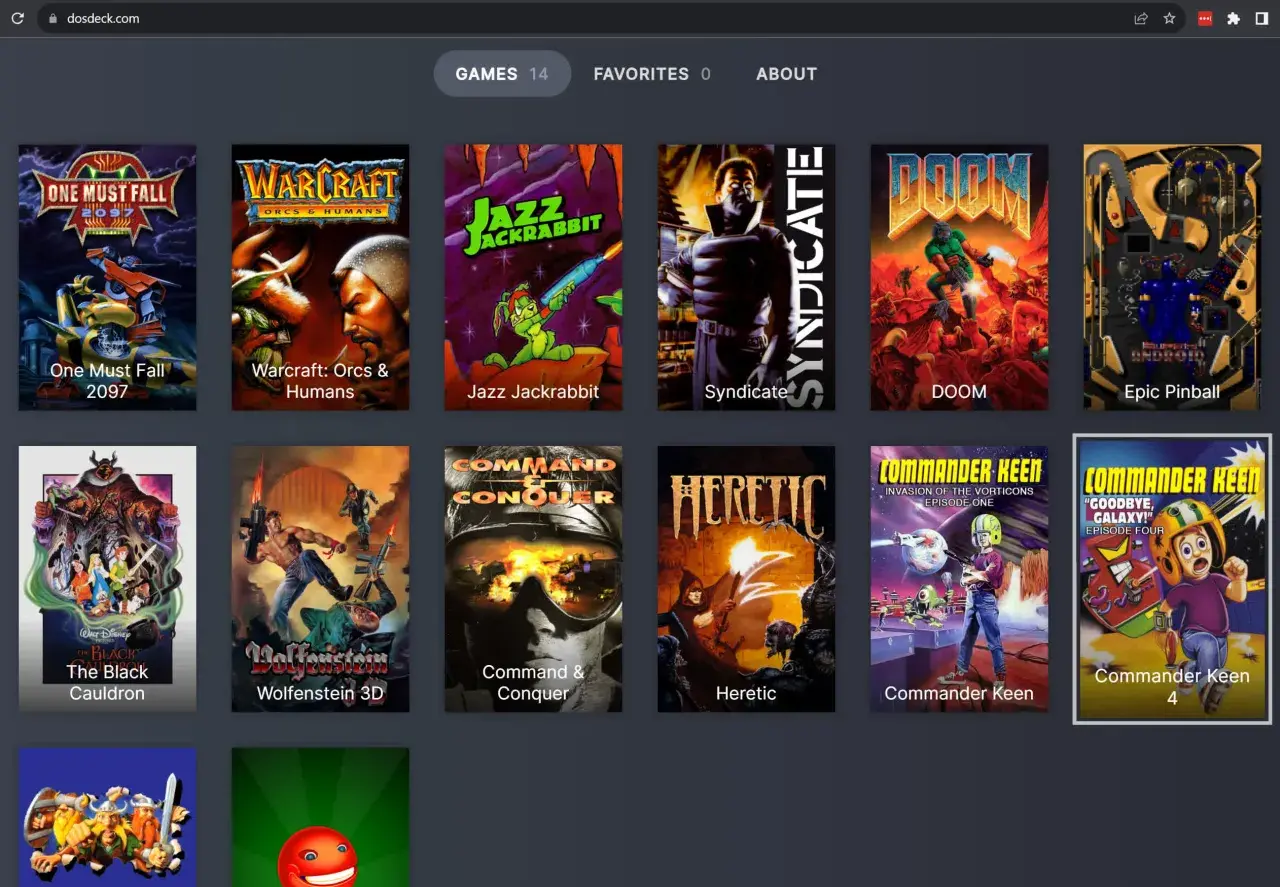 Gry uruchamiane przez dosbox: One Must Fall 2097, Warcraft, Jazz Jackrabbit, Syndicate, DOOM, Epic Pinball, The Black Cauldron, Wolfenstein 3D, Command & Conquer, Heretic, Commander Keen.