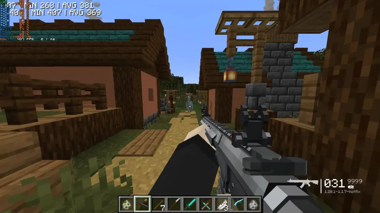 Gracz z karabinem w ręku w świecie Minecraft, gdzie piękne shadery podkreślają detale budynków i postaci.
