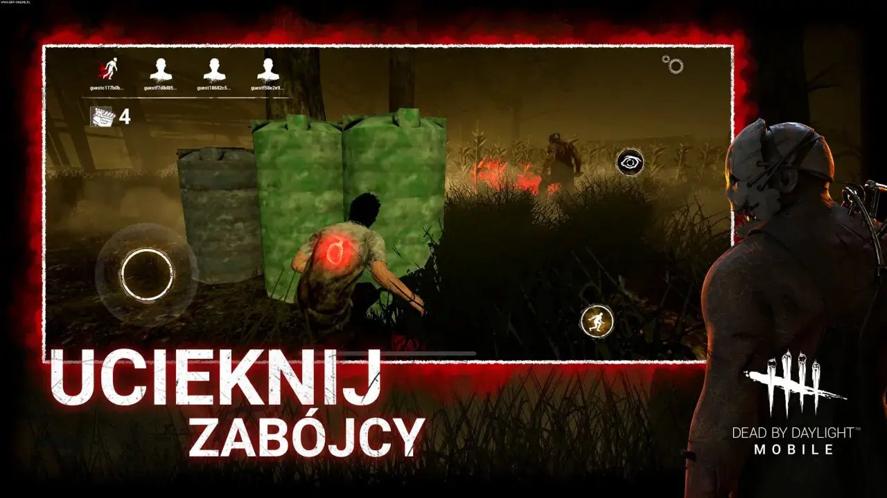 Uciekaj przed zabójcą w grze Dead by Daylight Mobile. Widok na przerażającą rozgrywkę z perspektywy zabójcy.