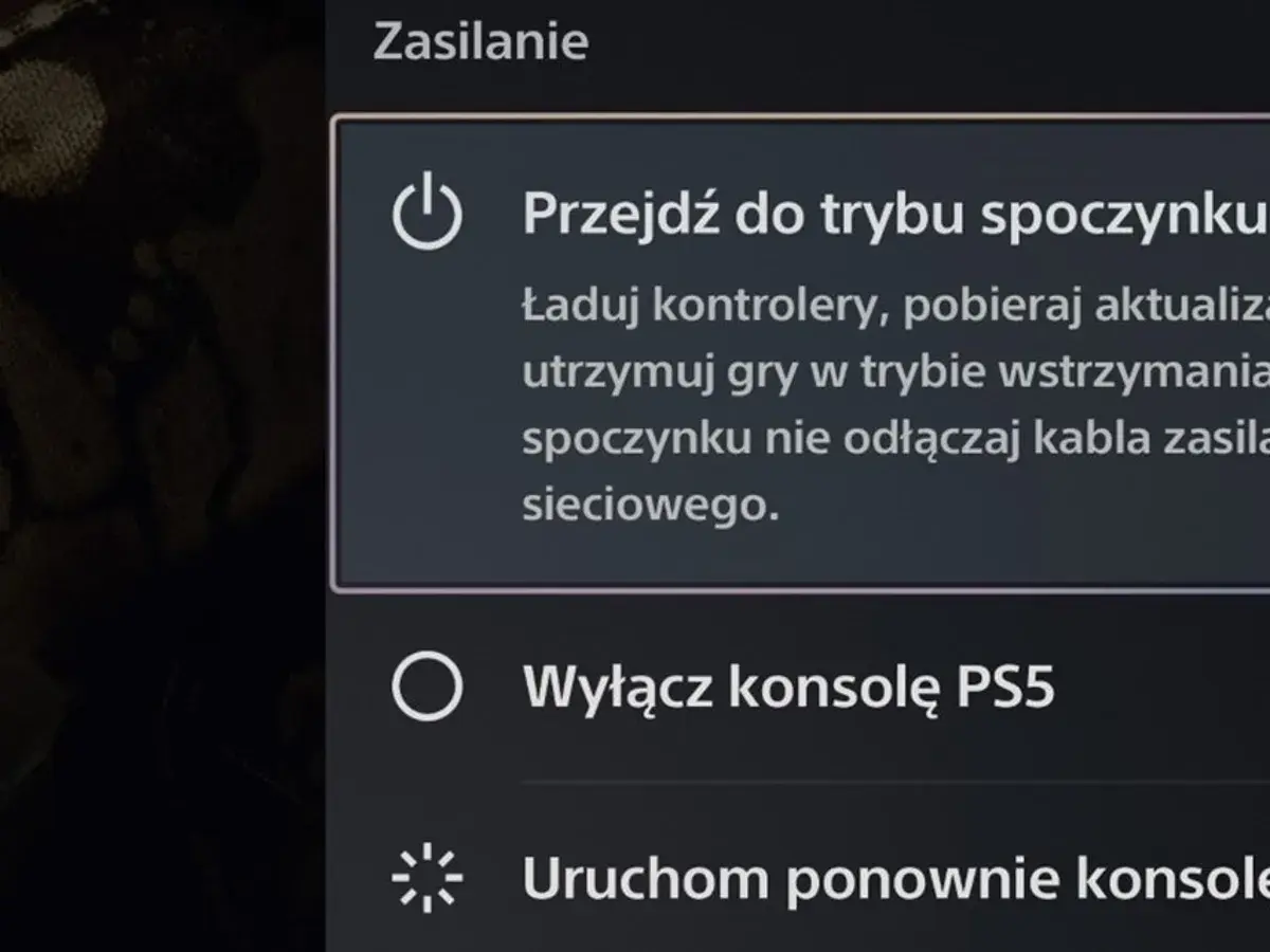Menu zasilania PS5: opcja "Wyłącz konsolę PS5" jest widoczna, pokazując jak wyłączyć PS5.