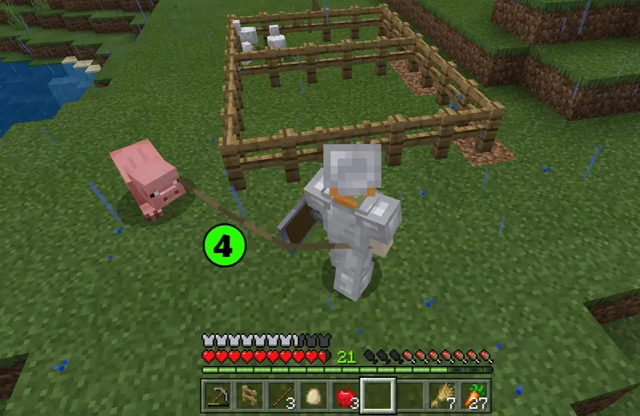Gracz w zbroi prowadzi świnię na smyczy. W oddali widać zagrodę z kurczakami. Dowiedz się, co ile można rozmnażać zwierzęta w Minecraft.