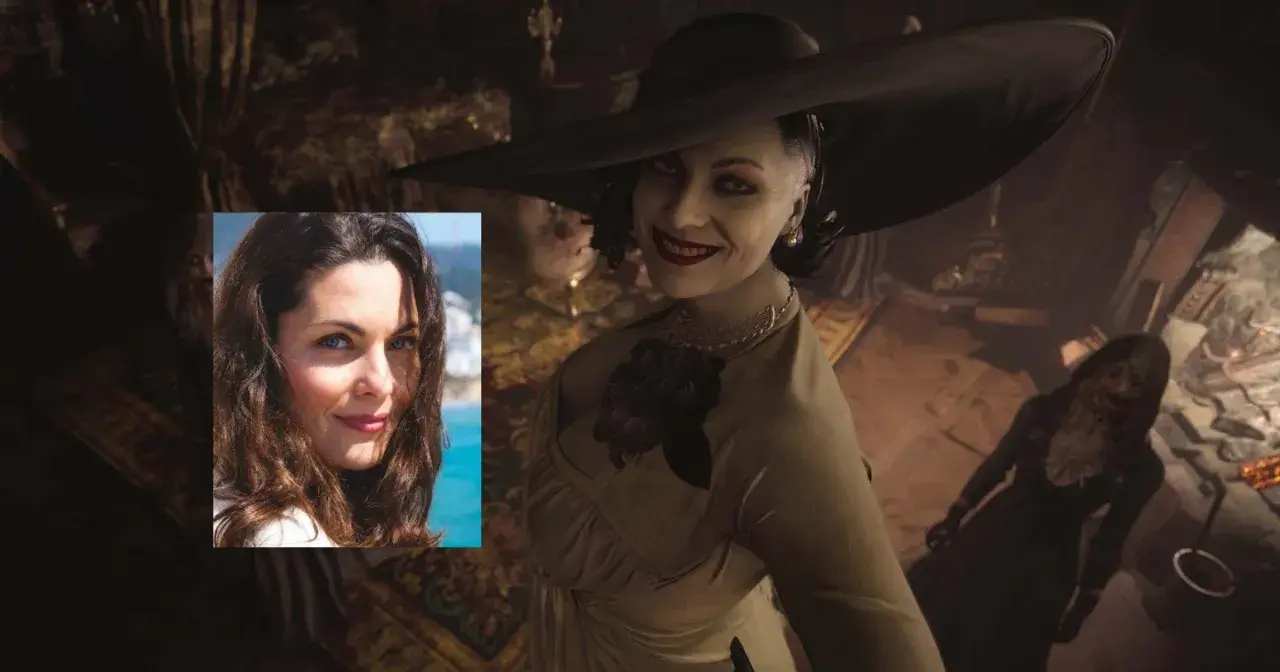 Lady Dimitrescu, wampirzyca z gry Resident Evil Village, uśmiecha się złowieszczo. Obok jej portretu znajduje się zdjęcie kobiety o brązowych włosach i niebieskich oczach.