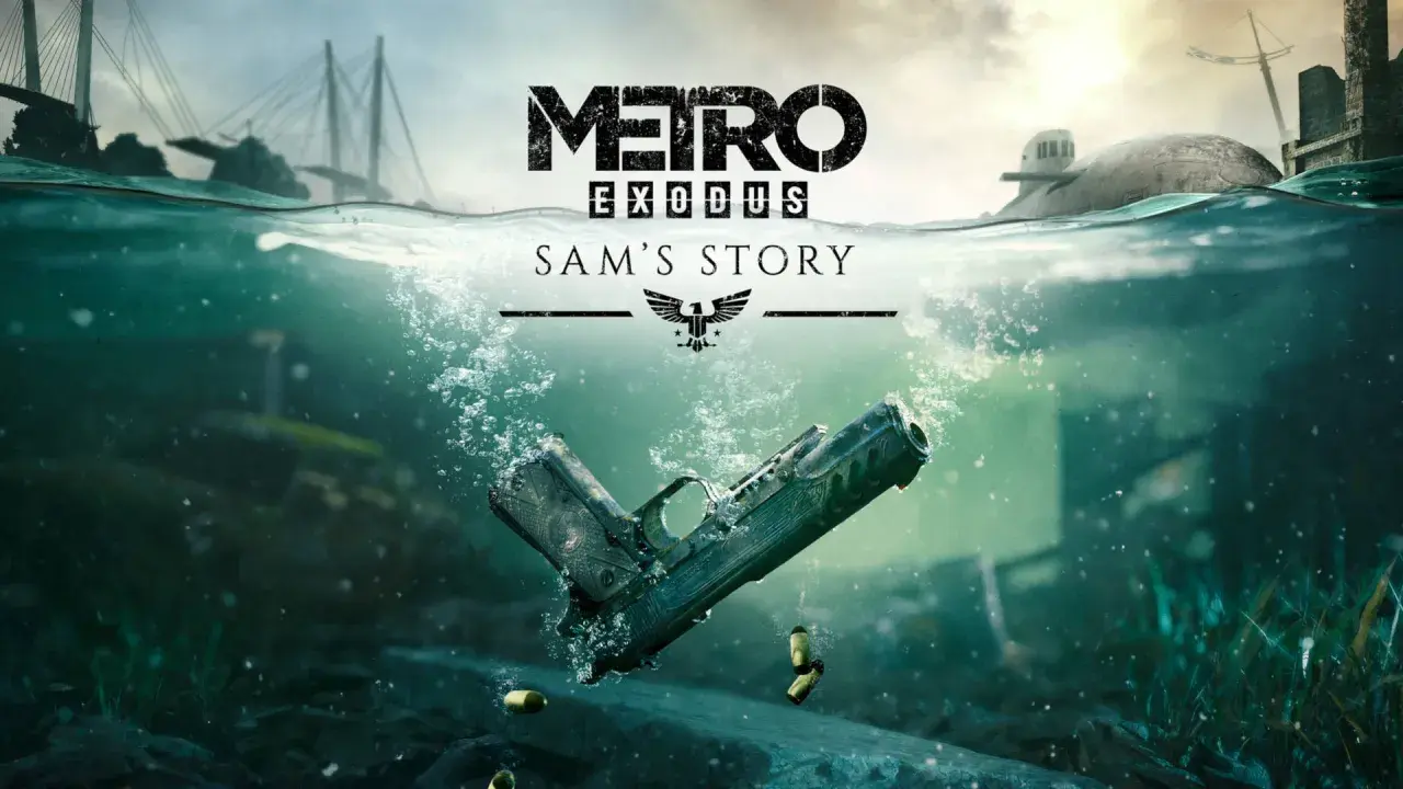 Podwodny świat z pistoletem i pociskami. Logo Metro Exodus Sam's Story.