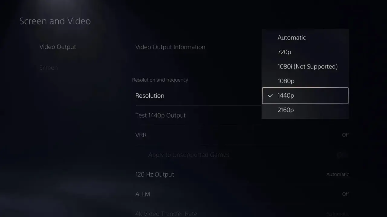 Ustawienia konsoli: rozdzielczość 1440p (QHD) wybrana z listy opcji, obok 1080p i 2160p.