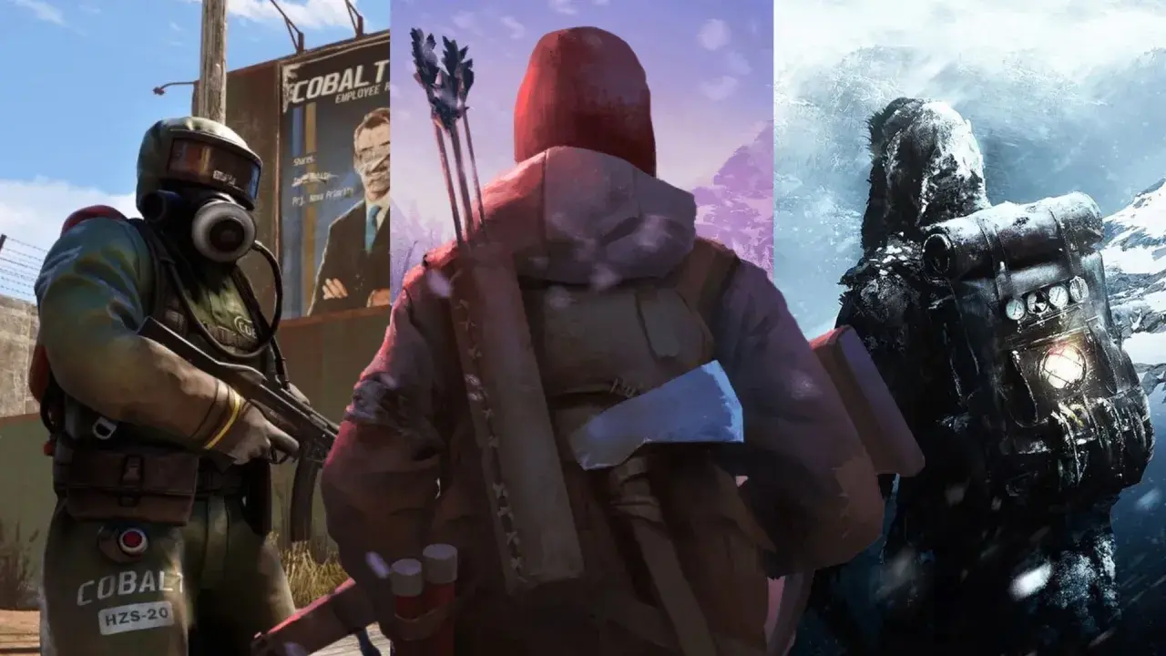 Postapokaliptyczne gry survival multiplayer: postać w masce gazowej, łucznik w zimowym krajobrazie i samotny wędrowiec w śnieżnej zamieci.