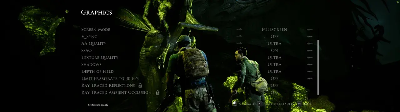 Ustawienia grafiki gry, w tym opcje ray tracing, z widokiem postaci i potwora.