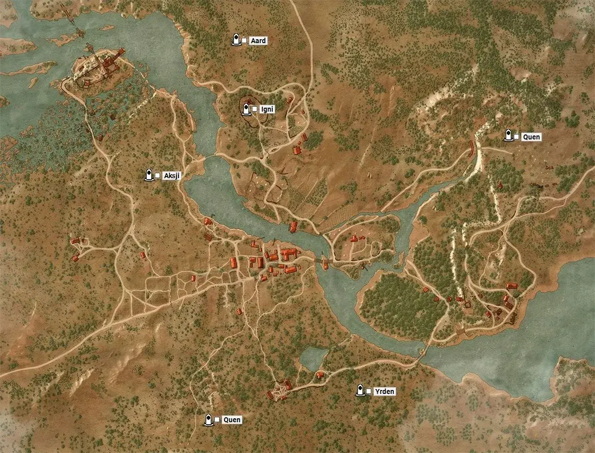Mapa Toussaint z zaznaczonymi miejscami mocy: Aard, Igni, Aksji, Quen i Yrden.