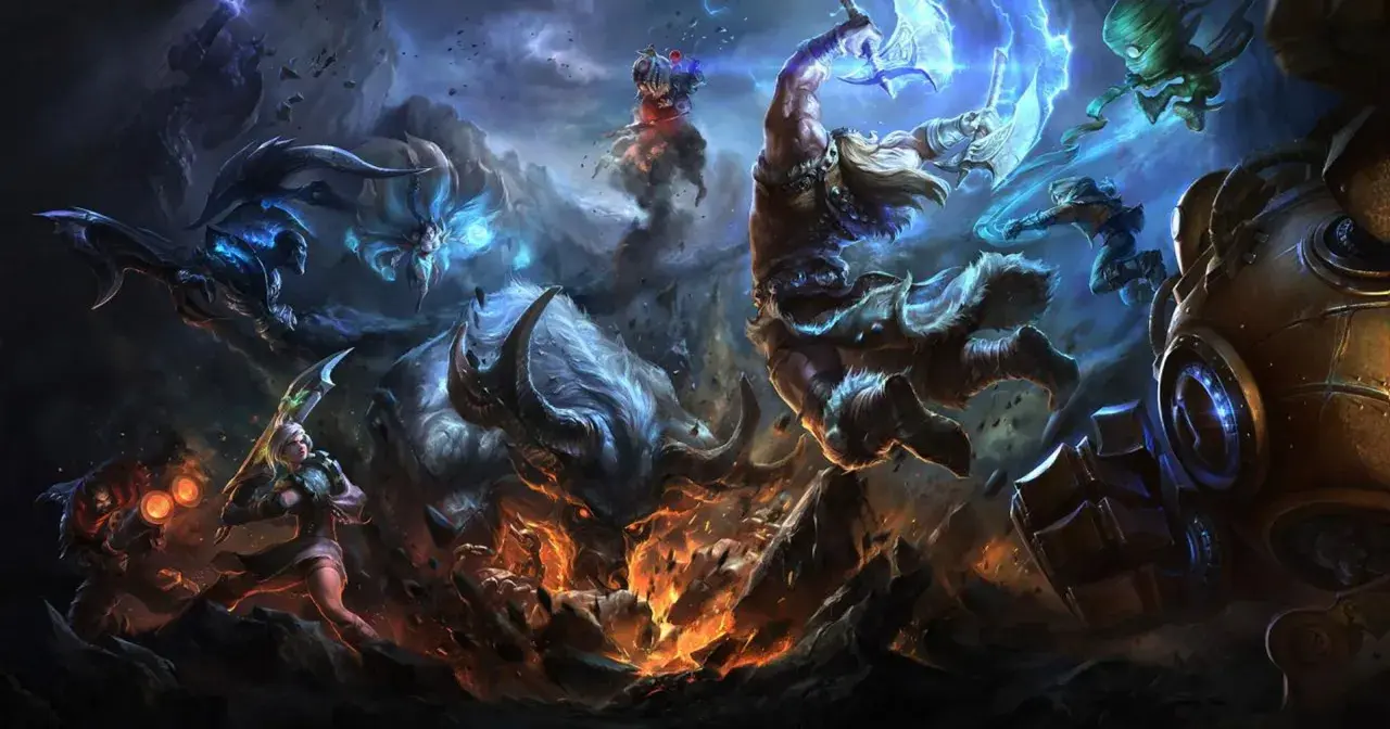 Draven i jego sojusznicy walczą z potężnym bykiem i innymi wrogami w epickiej bitwie.