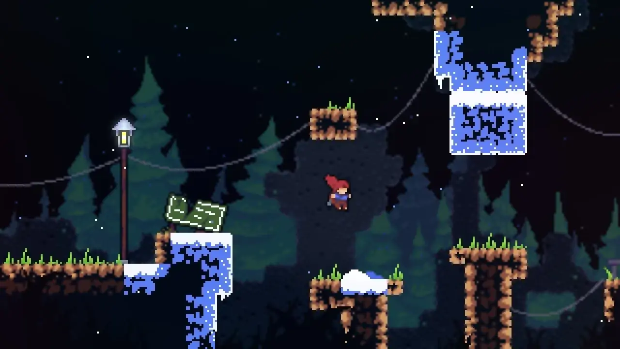 Dziewczynka z rudymi włosami skacze między platformami w lesie nocą. To scena z gry indie, gdzie każdy skok jest wyzwaniem.