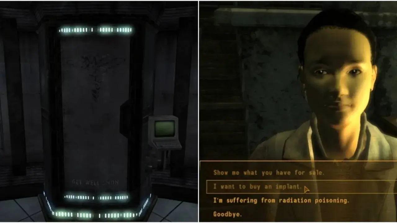W New Vegas, chcesz kupić implant? Widać tu gabinet lekarski i okno dialogowe z opcją zakupu.