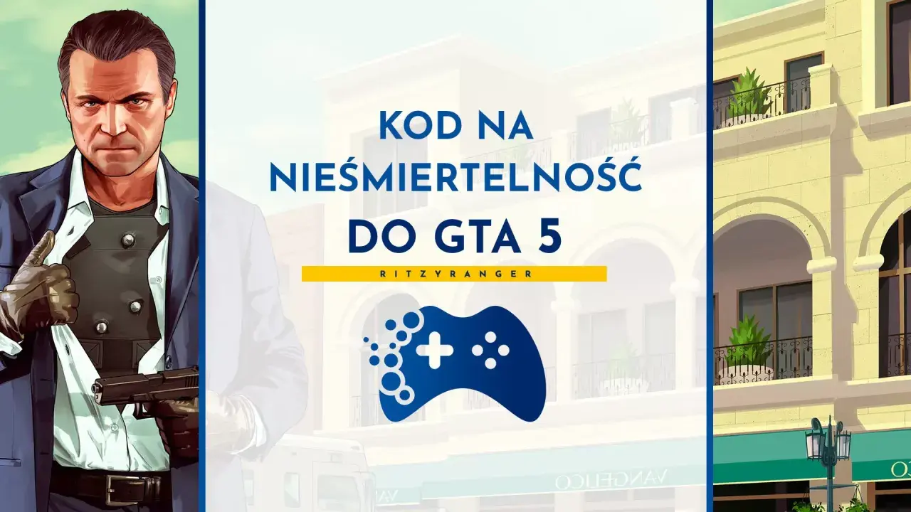 Michael z GTA 5 z pistoletem, obok napis "KOD NA NIEŚMIERTELNOŚĆ DO GTA 5" i niebieski kontroler.