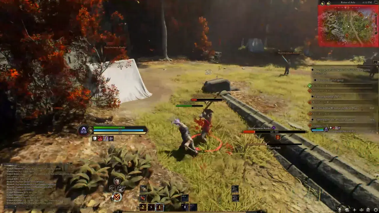 W grze tera, gracze walczą z bandytami w lesie. Jeden z nich, Highwayman Raider, jest atakowany.