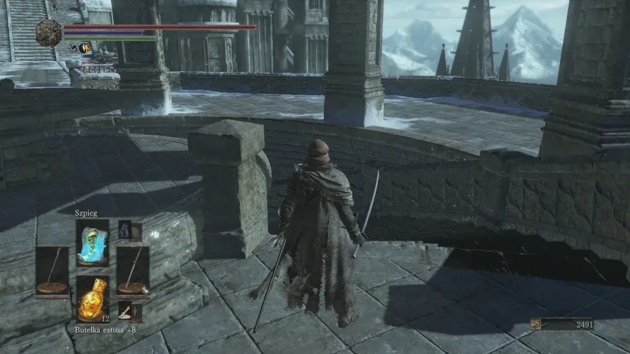 Postać w zniszczonym płaszczu z dwoma mieczami na tle majestatycznych gór i budowli, przypominających Anor Londo.