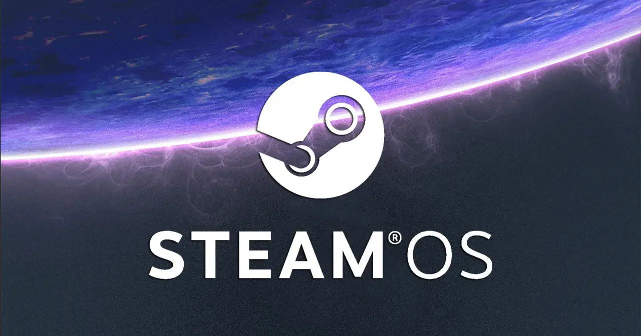 Logo Steam z napisem STEAM OS na tle kosmicznej planety. Steam to platforma cyfrowej dystrybucji gier.