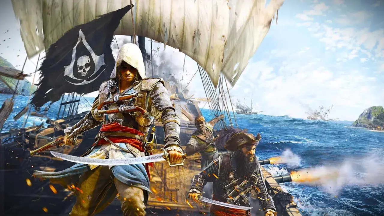 Na pokładzie statku, piraci z Assassin's Creed walczą, a w tle widać bitwę morską i wyspę.