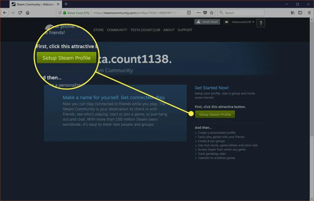 Jak utworzyć konto na Steam? Kliknij "Setup Steam Profile", aby zacząć personalizować swój profil i grać ze znajomymi.