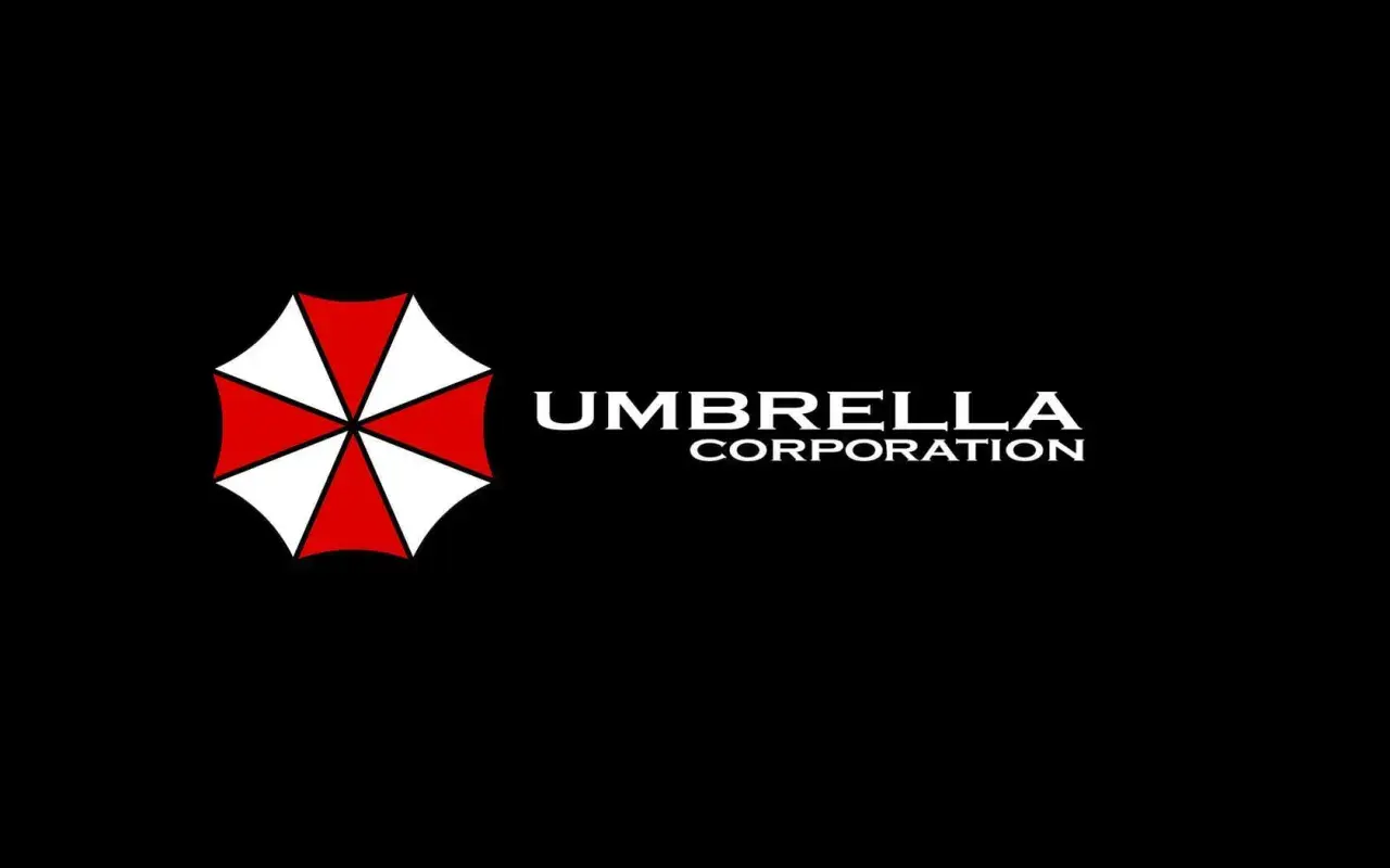 Logo Umbrella Corporation: czerwono-biały symbol parasola i napis.