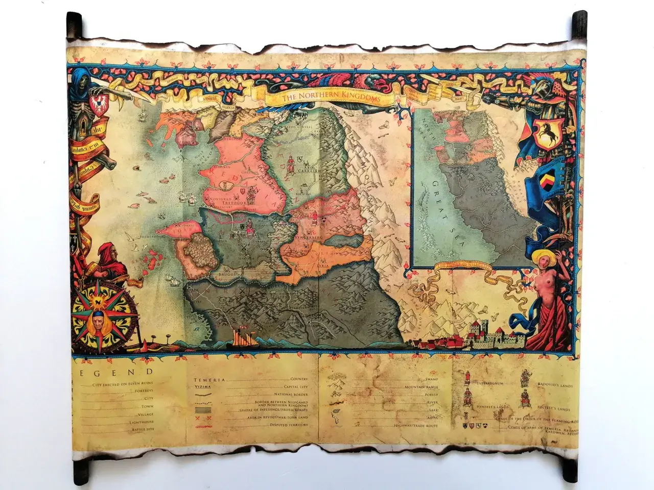 Mapa Północnych Królestw, z widoczną stolicą Temerii, Vizimą, oraz innymi krainami i miastami.