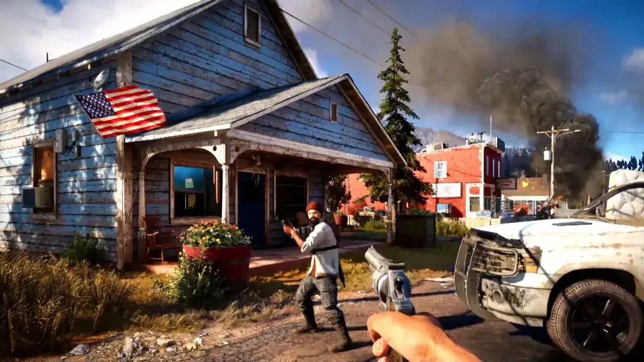 Akcja w stylu Far Cry 7: mężczyzna z karabinem przed domem, w tle dymiące budynki i płonący samochód.