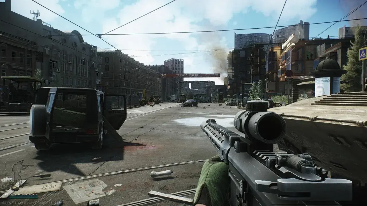 Widok z perspektywy gracza w grze pve. Zniszczone miasto, porzucony samochód i broń w ręku.