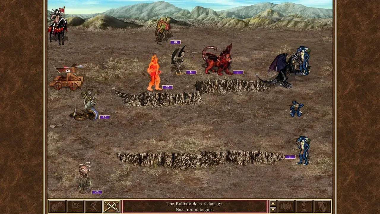 Bitwa w heroes gra: rycerz na koniu, ballista, smok, ognisty golem i inne potwory na pustynnym polu.