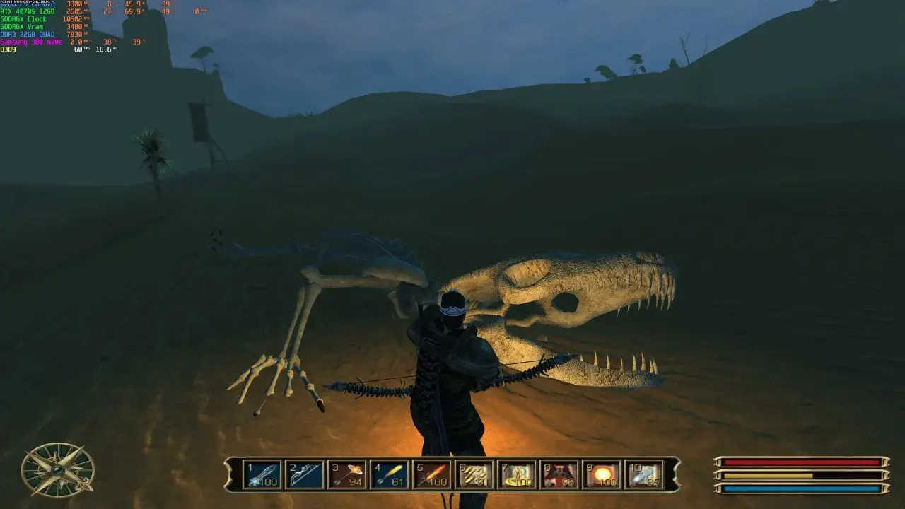 Gracz z łukiem stoi przed szkieletem dinozaura na pustyni. W okarze potrzebują więcej ludzi do eksploracji tego miejsca.