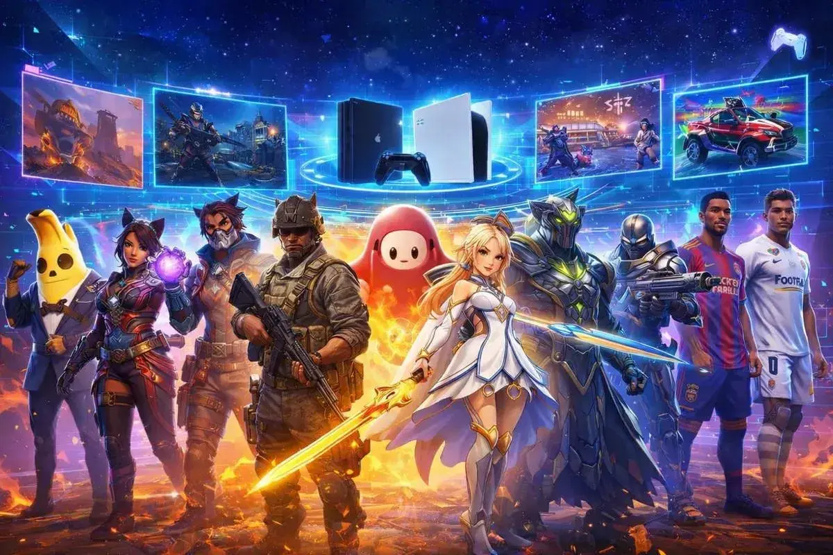 Postacie z gier, w tym żołnierz, wojowniczka i banan, stoją obok konsol PS4 i PS5, sugerując darmowe gry na PS4.
