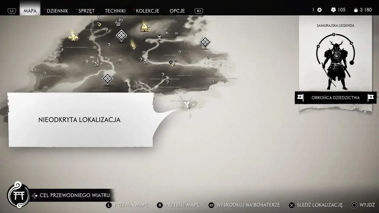 Mapa z gry Ghost of Tsushima, z zaznaczoną "NIEODKRYTA LOKALIZACJA". Może to być zakazana kapliczka.