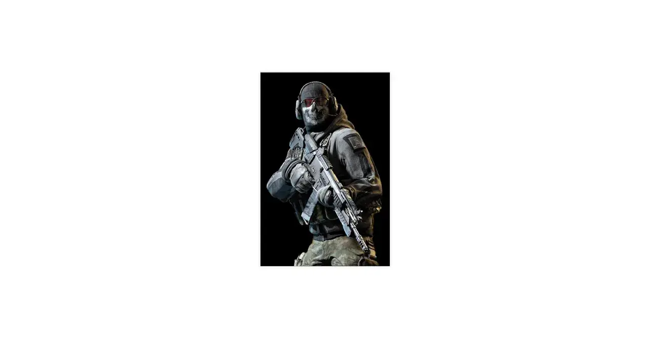 Postać Ghost z Call of Duty, w szarej taktycznej zbroi, z maską czaszki i karabinem.