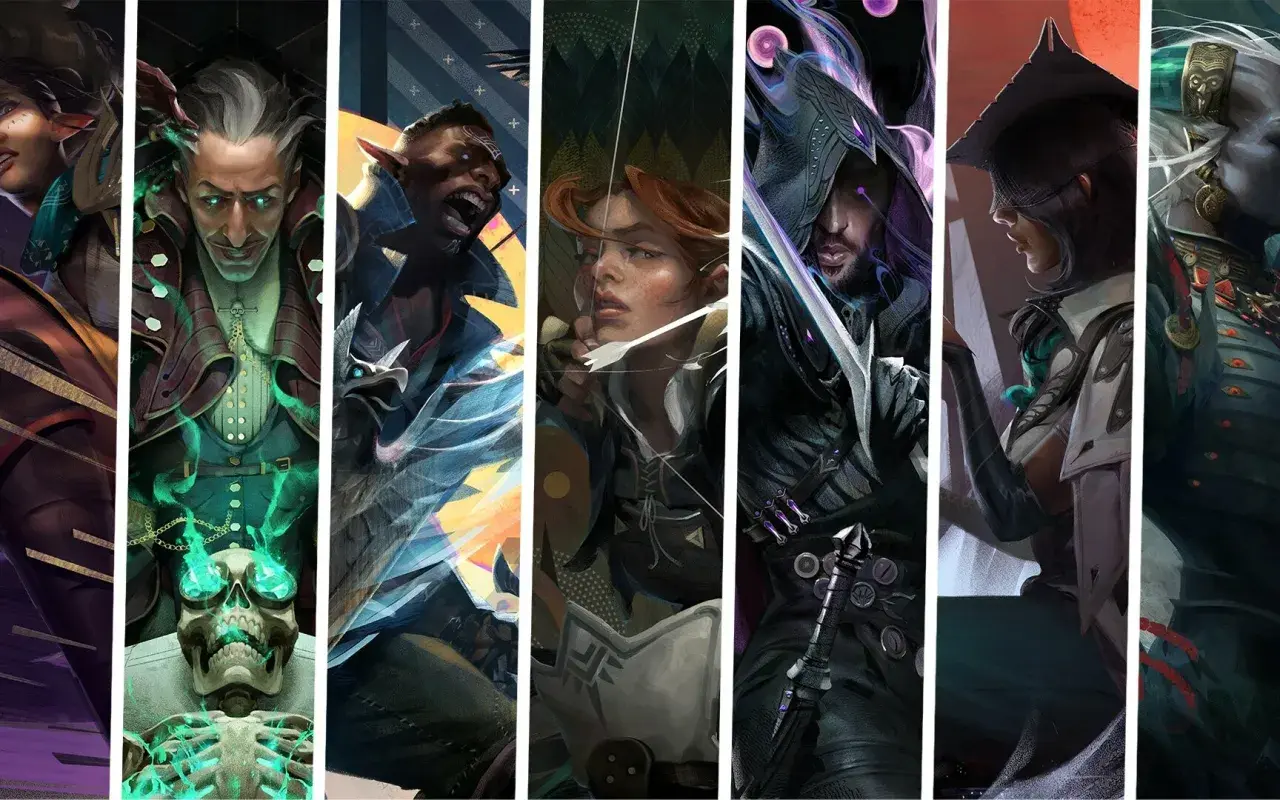 Kolekcja barwnych portretów postaci z Dragon Age: mroczny mag, łuczniczka, wojownik i inni.
