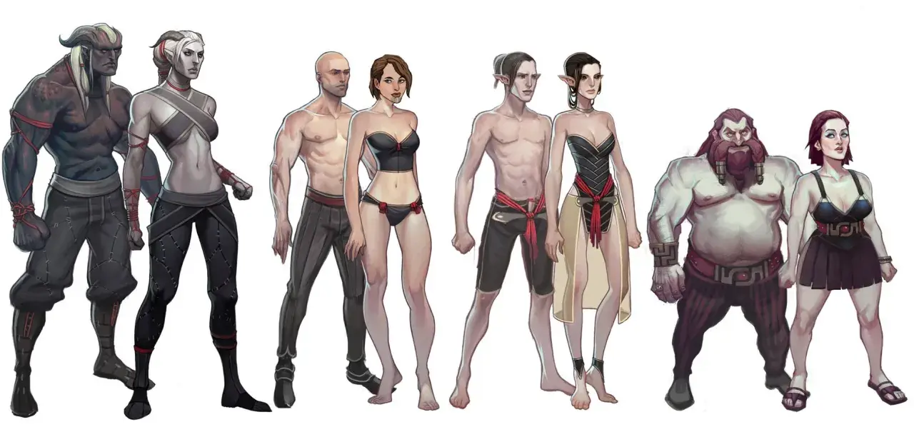 Postacie z Dragon Age: Qunari, ludzie, elfy i krasnoludy w zróżnicowanych strojach, od bojowych po letnie.