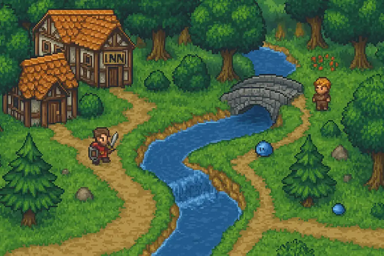 Pixelartowa scena z karczmą, rzeką i mostem. Postać z mieczem i tarczą przemierza ścieżkę, jak w popularnych grach RPG.