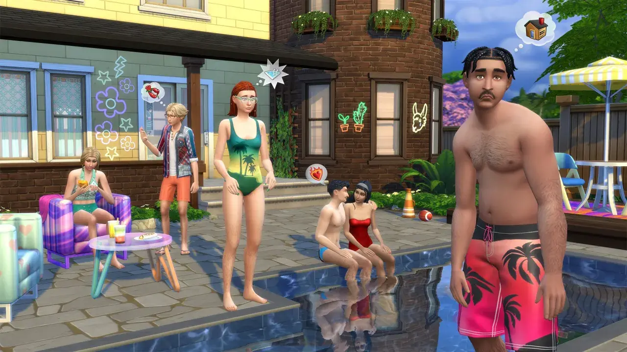 Rodzina cieszy się latem przy basenie, marząc o tym, jak grać w The Sims 4 za darmo.