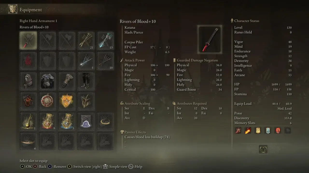 Radagon's Rivers of Blood+10, potężna katana z efektem krwawienia, gotowa do walki.