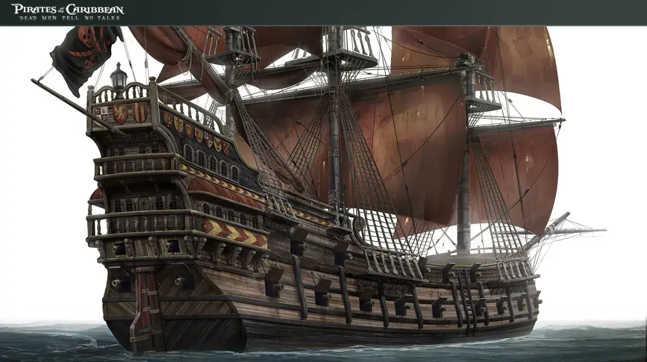 Majestatyczny galeon z "Piraci z Karaibów" z czerwonymi żaglami i czarną banderą z czaszką, gotowy na przygodę.