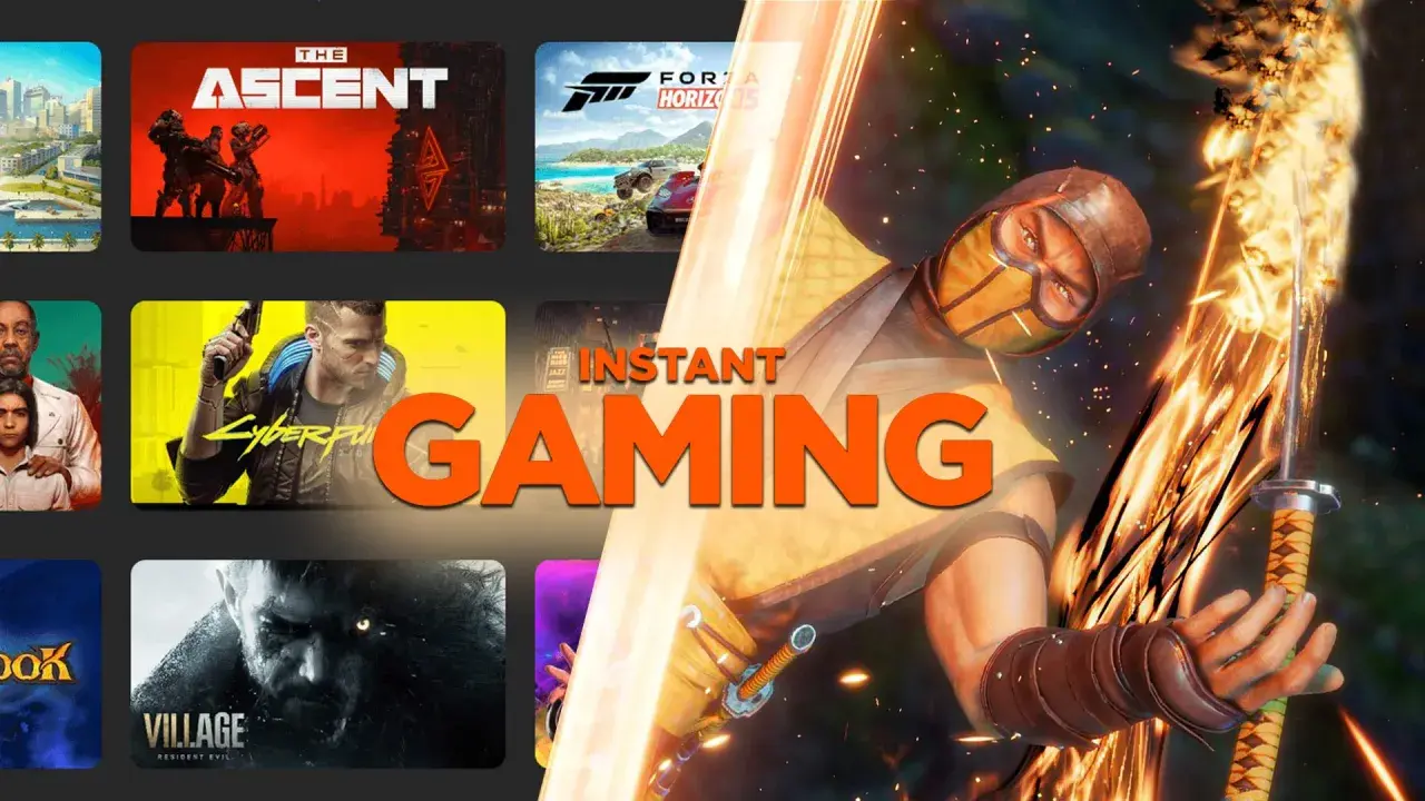 Sprawdź instant gaming opinie! Na obrazie Scorpion z Mortal Kombat, gry The Ascent, Cyberpunk 2077, Forza Horizon 5 i Resident Evil Village.