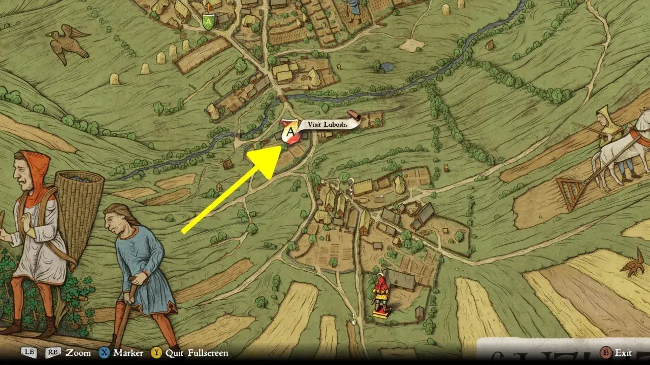 Mapa Kingdom Come: Deliverance. Strzałka wskazuje drogę do odwiedzenia Lubosza w Przybysławicach.