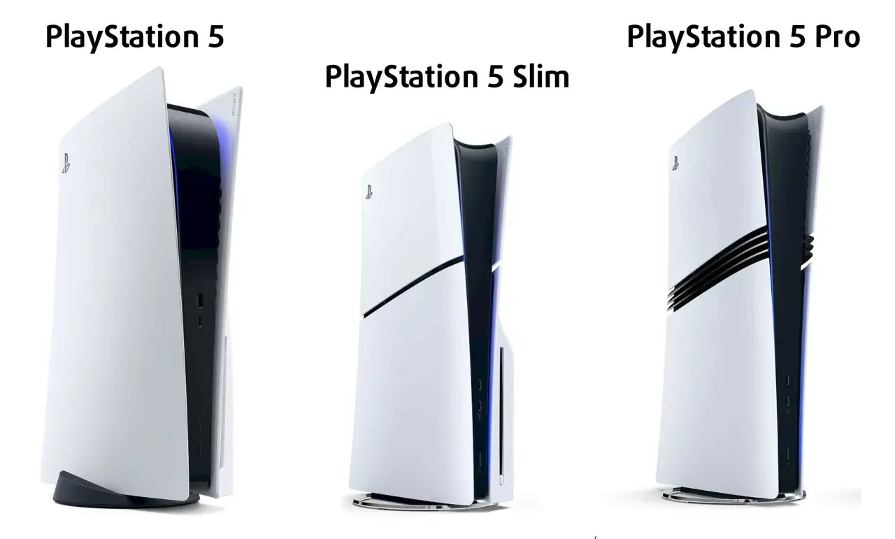 Porównanie PlayStation 5, PS5 Slim i PS5 Pro. Widoczne różnice w ps5 wymiary i designie.