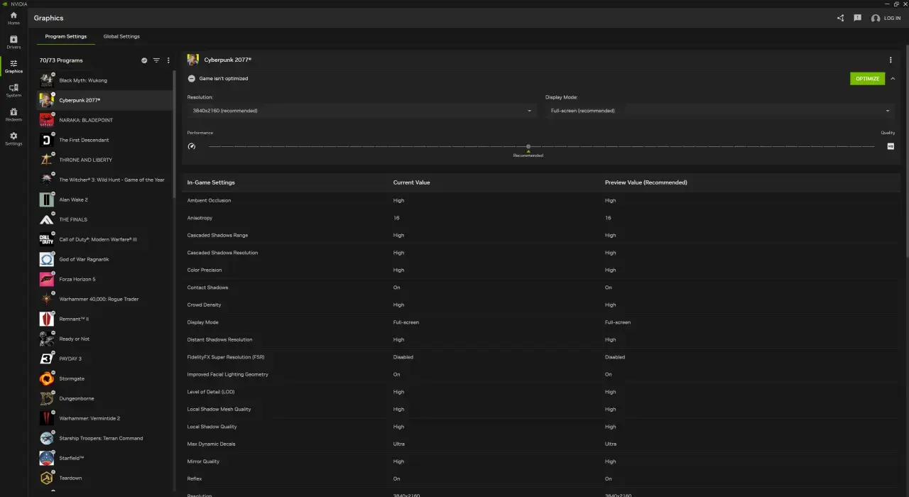 NVIDIA Experience pokazuje ustawienia graficzne dla Cyberpunk 2077, z rozdzielczością 3840x2160 i opcją optymalizacji.