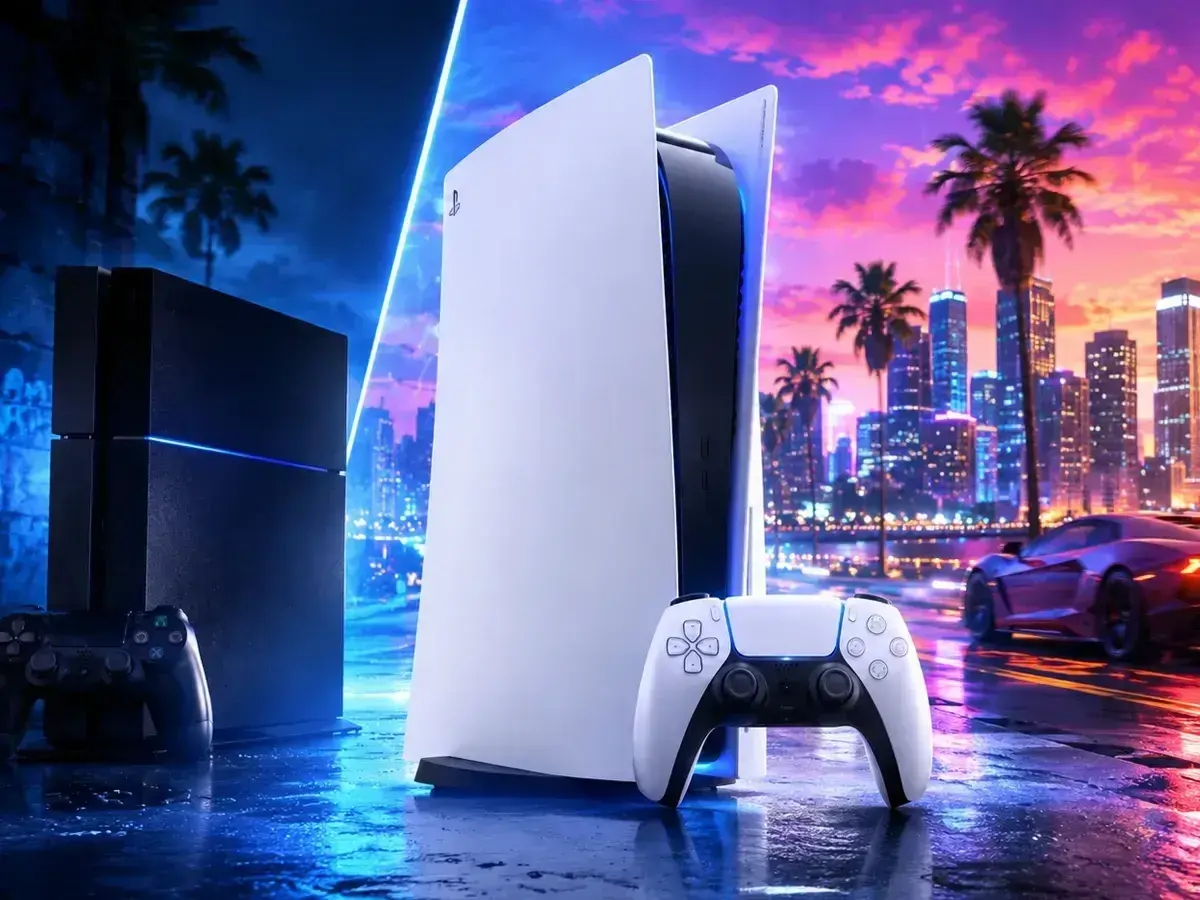 Konsola PS5 i PS4 na tle nocnego miasta. Czy GTA 6 będzie na PS4? Pytanie wisi w powietrzu, jak neonowe światła.