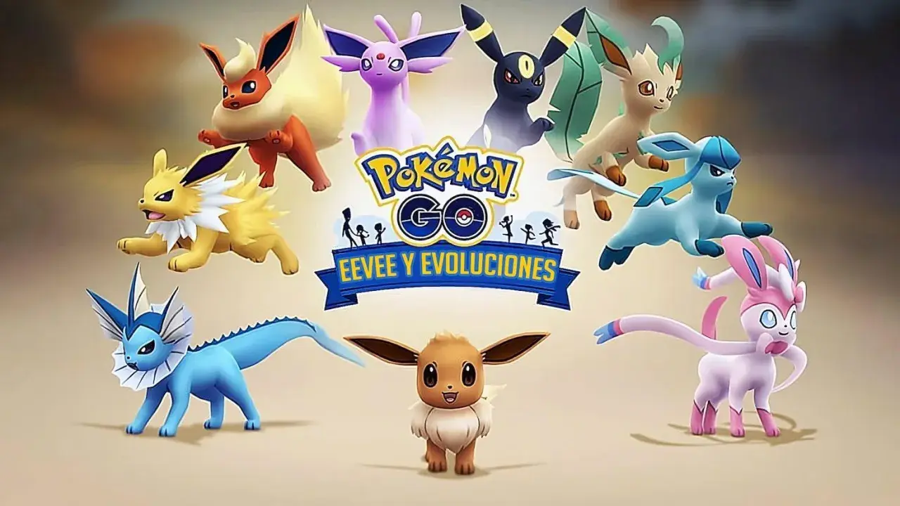 Wszystkie ewolucje Eevee, w tym Vaporeon, Jolteon, Flareon, Espeon, Umbreon, Leafeon, Glaceon i Sylveon, prezentowane w grze Pokémon GO.