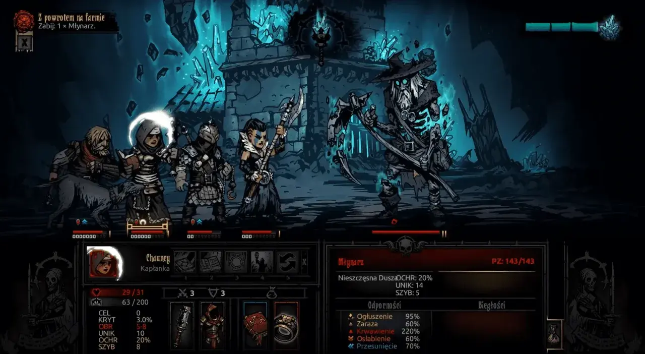 Drużyna bohaterów walczy z Młynarzem w mrocznej kniei Darkest Dungeon.