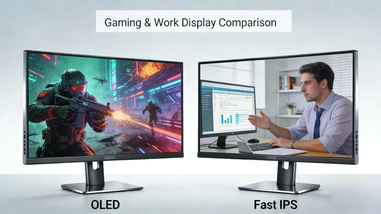 Porównanie monitorów: OLED z dynamiczną grą akcji i Fast IPS z pracą biurową.