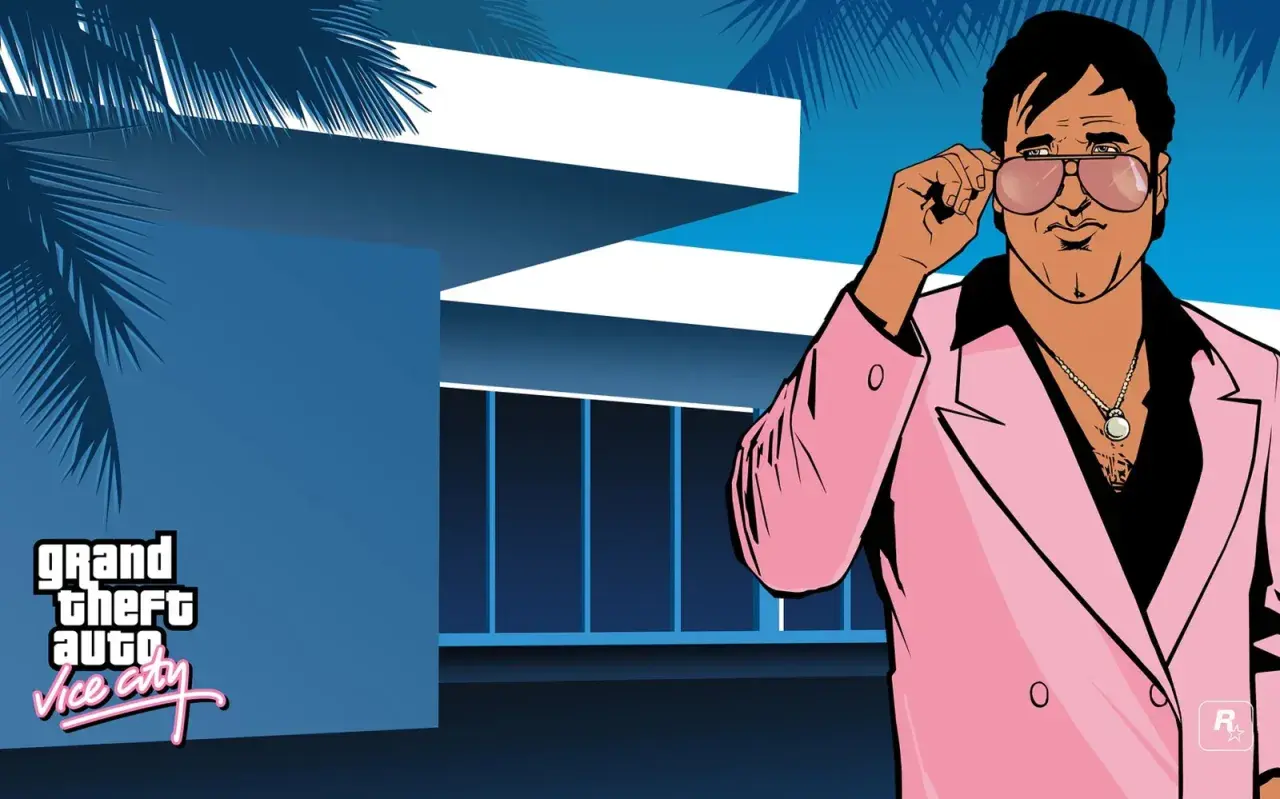Mężczyzna w różowej marynarce poprawia okulary na tle budynku w stylu Vice City. Logo Grand Theft Auto Vice City.