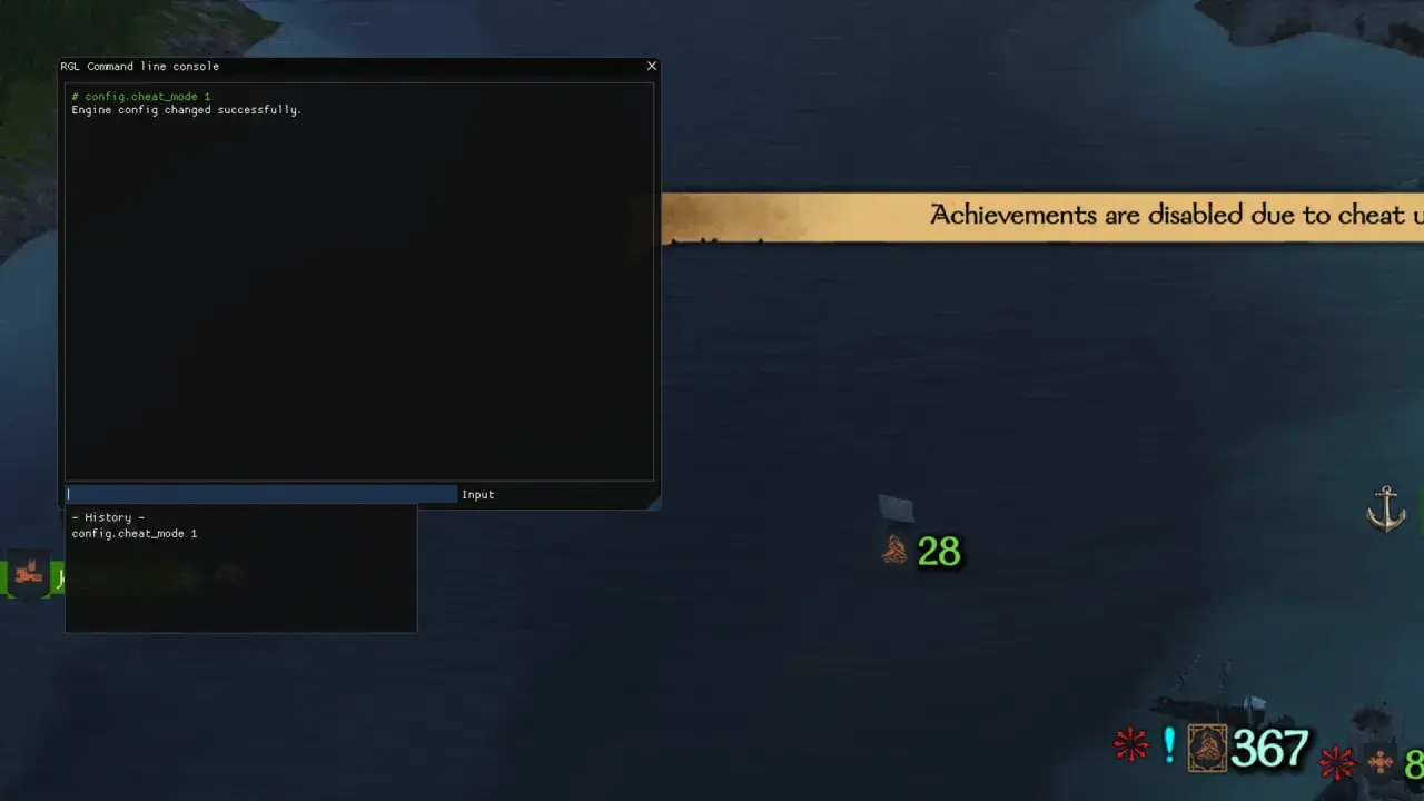 Konsola gry Bannerlord z włączonymi bannerlord cheats. Osiągnięcia wyłączone.