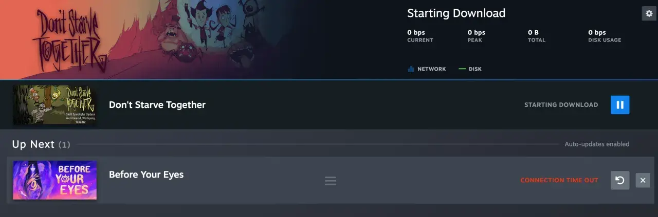 Steam pokazuje pobieranie gry "Don't Starve Together". Jeśli masz problemy, spróbuj jak wyczyścić pamięć podręczną Steam.